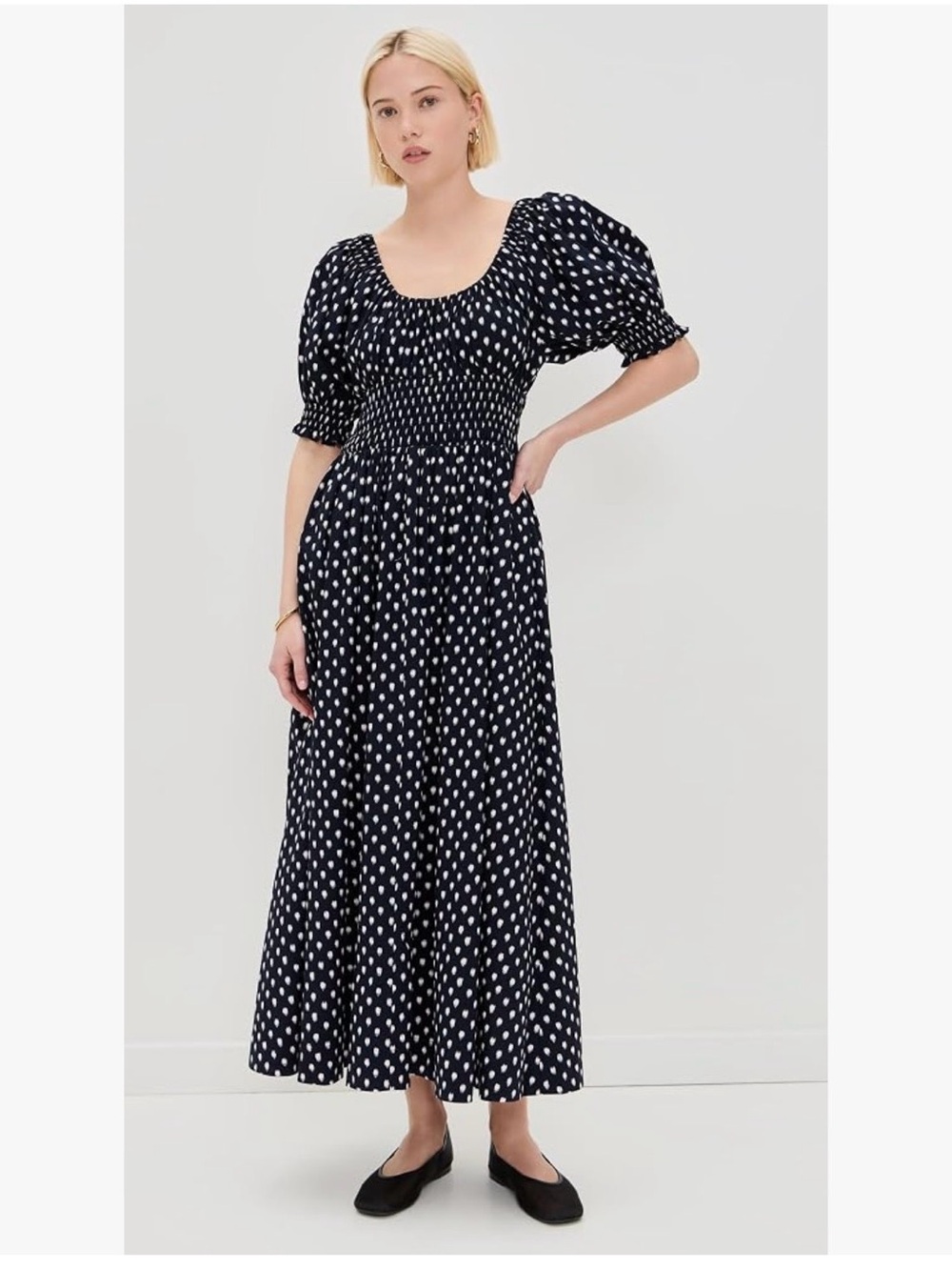 NWT Madewell Shibori puff sleeve navy polka dot midi dress
